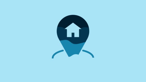 蓝色地图指针 带有蓝色背景隔离的房屋图标 家庭位置标识符号 4K视频运动图形动画 — 图库视频影像