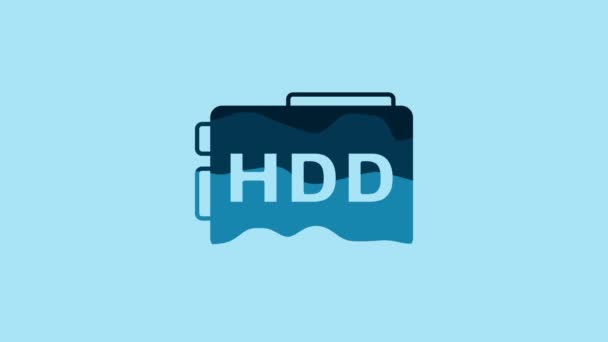 蓝色硬盘驱动器Hdd图标隔离在蓝色背景 4K视频运动图形动画 — 图库视频影像