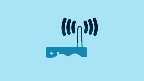 Blue Router Signal Icon Isolated Blue Background Wireless Ethernet Modem — Vídeo de Stock