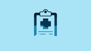 Blue Medical clipboard with clinical record icon isolated on blue background. Prescription, medical check marks report. 4K Video motion graphic animation.