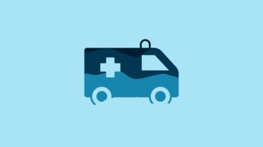 Blue Ambulance and emergency car icon isolated on blue background. Ambulance vehicle medical evacuation. 4K Video motion graphic animation.