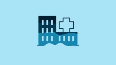 Blue Medical hospital building with cross icon isolated on blue background. Medical center. Health care. 4K Video motion graphic animation.