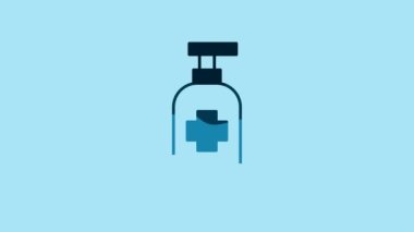 Blue Bottle of liquid antibacterial soap with dispenser icon isolated on blue background. Antiseptic. Disinfection, hygiene, skin care. 4K Video motion graphic animation.