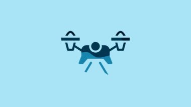 Blue Drone flying icon isolated on blue background. Quadrocopter with video and photo camera symbol. 4K Video motion graphic animation.