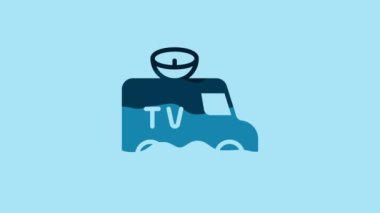 Blue TV News car with equipment on the roof icon isolated on blue background. 4K Video motion graphic animation.