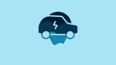 Blue Electric car and electrical cable plug charging icon isolated on blue background. Renewable eco technologies. 4K Video motion graphic animation.