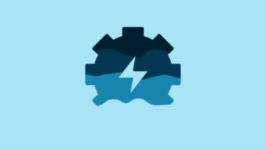 Blue Gear and lightning icon isolated on blue background. Electric power. Lightning bolt sign. 4K Video motion graphic animation.