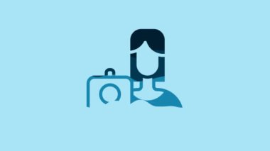 Blue Female movement, feminist activist with banner and placards icon isolated on blue background. Feminist rights movement, feminism sisterhood. 4K Video motion graphic animation.