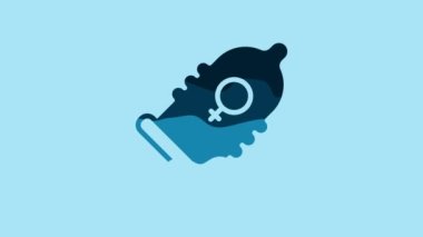 Blue Condom safe sex icon isolated on blue background. Safe love symbol. Contraceptive method for male. 4K Video motion graphic animation.