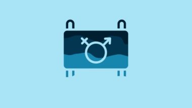 Blue Female movement, feminist activist with banner and placards icon isolated on blue background. Feminist rights movement, feminism sisterhood. 4K Video motion graphic animation.