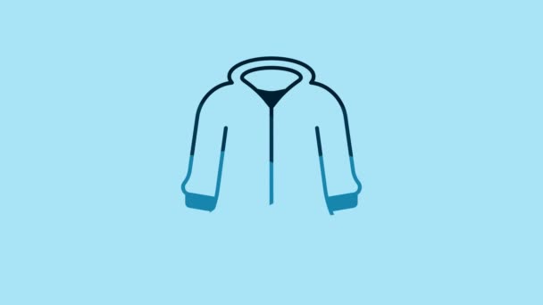 青の背景に隔離された青のパーカーアイコン フード付きのスウェットシャツ 4Kビデオモーショングラフィックアニメーション — ストック動画