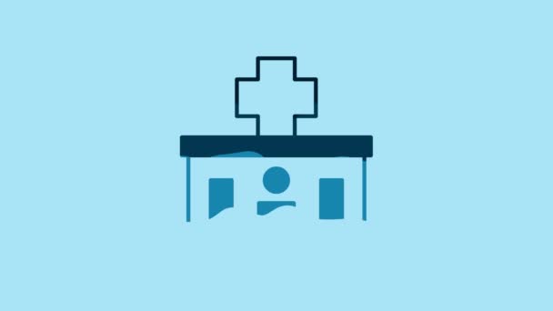 青の背景にアイコンが隔離された青の医療病院の建物 医療センター 健康管理 4Kビデオモーショングラフィックアニメーション — ストック動画