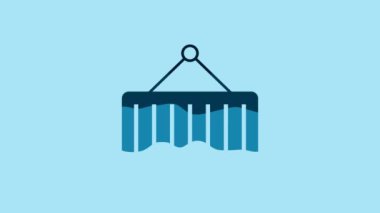 Blue Container on crane icon isolated on blue background. Crane lifts a container with cargo. 4K Video motion graphic animation.