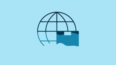 Blue Worldwide shipping and cardboard box icon isolated on blue background. 4K Video motion graphic animation.