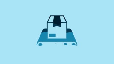 Blue Conveyor belt with cardboard box icon isolated on blue background. 4K Video motion graphic animation.