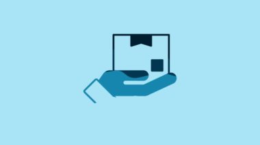 Blue Delivery hand with cardboard boxes icon isolated on blue background. Door to door delivery by courier. 4K Video motion graphic animation.