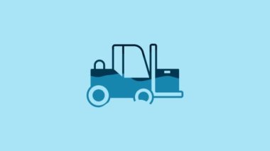 Blue Forklift truck icon isolated on blue background. Fork loader and cardboard box. Cargo delivery, shipping, transportation. 4K Video motion graphic animation.