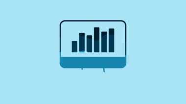 Blue Computer monitor with graph chart icon isolated on blue background. Report text file icon. Accounting sign. Audit, analysis, planning. 4K Video motion graphic animation.