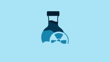 Blue Laboratory chemical beaker with toxic liquid icon isolated on blue background. Biohazard symbol. Dangerous symbol with radiation icon. 4K Video motion graphic animation.