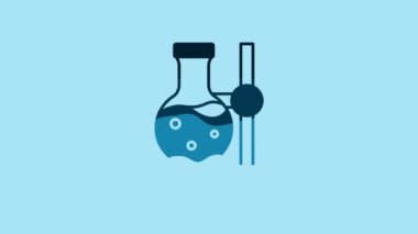 Blue Glass test tube flask on stand icon isolated on blue background. Laboratory equipment. 4K Video motion graphic animation.