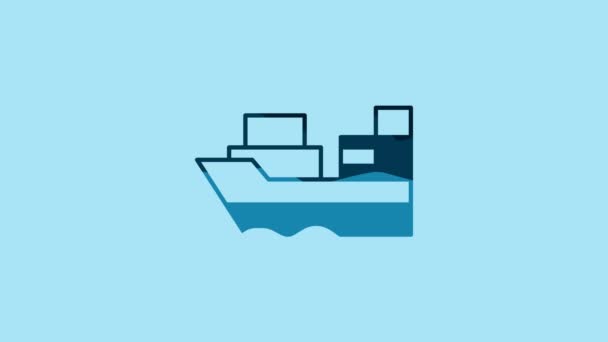青い背景に隔離されたボックス配送サービスアイコンとブルー貨物船 商品で貨物船 4Kビデオモーショングラフィックアニメーション — ストック動画