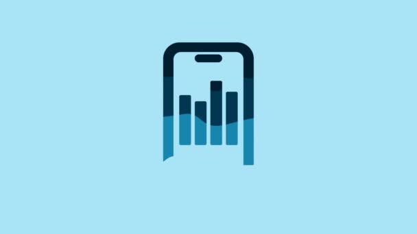 青の背景に隔離されたグラフのアイコンを持つ青の携帯電話 テキストファイルを報告する 会計記号 4Kビデオモーショングラフィックアニメーション — ストック動画