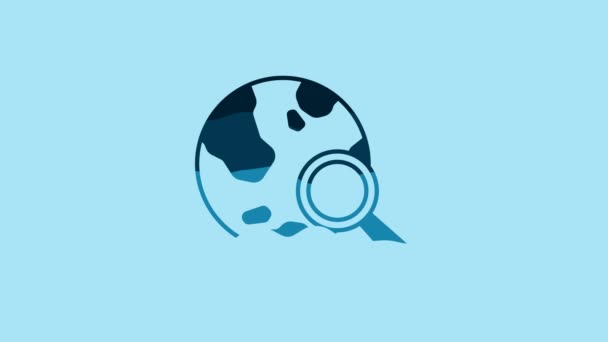 Blue Magnifying Glass Globe Icon Isolated Blue Background Analyzing World — Αρχείο Βίντεο