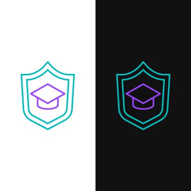 Line Graduation cap with shield icon isolated on white and black background. Insurance concept. Security, safety, protection, protect concept. Colorful outline concept. Vector.