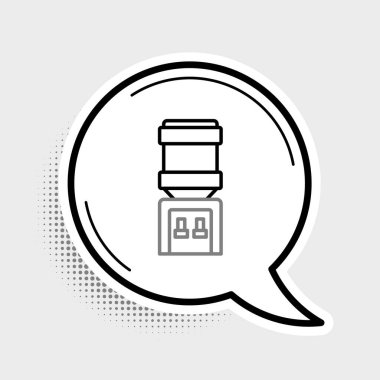 Ofis için Line Water soğutucusu ve gri arka planda izole edilmiş ev simgesi. Su dağıtıcısı. Şişe ofisi, plastik ve sıvı. Renkli taslak konsepti. Vektör.