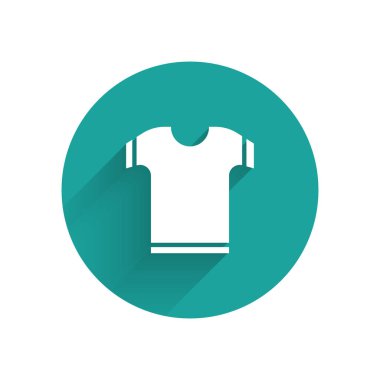 Uzun gölgeli beyaz tişört ikonu. Yeşil daire düğmesi. Vektör İllüstrasyonu.