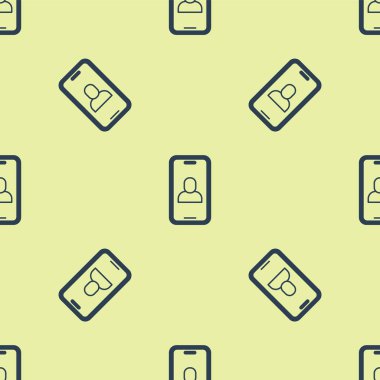 Mavi görüntülü sohbet konferansı ikonu sarı arkaplandaki kusursuz deseni izole etti. Çevrimiçi iş görüşmesi formu. Uzak proje yönetimi. Vektör.