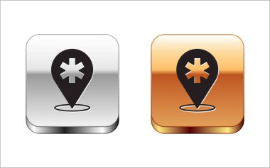 Siyah tıbbi harita işaretçisi, beyaz arka planda çapraz hastane ikonu var. Gümüş ve altın kare düğmeler. Vektör.