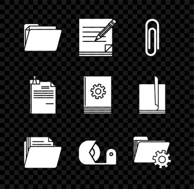 Set Document folder Blank notebook and pencil with eraser Paper clip Scotch Folder settings gears File document binder and User manual icon. Vector.