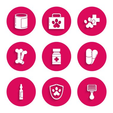 Set Dog medicine bottle and pills Animal health insurance Hair brush for dog cat Pets vial medical bone Veterinary clinic symbol and Canned food icon. Vector.