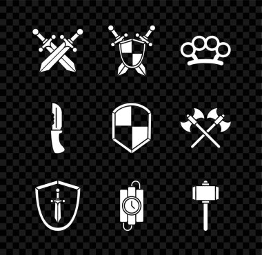 Set Crossed medieval sword Medieval shield with crossed swords Brass knuckles dynamite stick and timer clock Battle hammer Military knife and Shield icon. Vector.