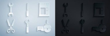 Set Adjustable wrench Cement bag Scissors Angle grinder Screwdriver and Wrench spanner icon. Vector.