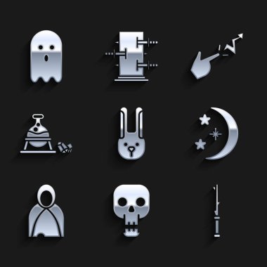 Set Rabbit with ears Skull Magic wand Moon stars Mantle cloak cape Witch cauldron magic stone Spell and Ghost icon. Vector.