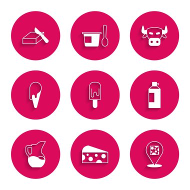 Set Ice cream Cheese Whipped in bottle Milk jug or pitcher waffle cone Cow head and Butter butter dish icon. Vector.