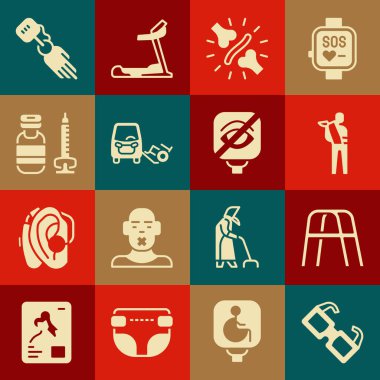 Set Eyeglasses Walker Human broken arm Joint pain knee pain Disabled car Syringe Prosthesis hand and Blindness icon. Vector.