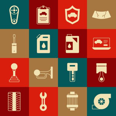 Set Automotive turbocharger Engine piston Diagnostics condition of car Car with shield Canister for motor oil Screwdriver Timing belt kit and icon. Vector.