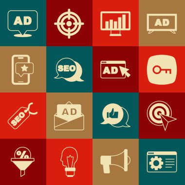 Set Browser setting Target Key Monitor with graph chart SEO optimization Mobile review rating Advertising and icon. Vector.