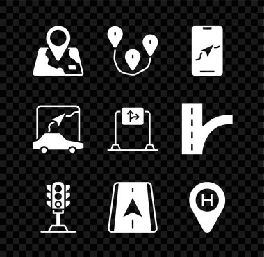 Set Folded map with location marker Route City navigation Traffic light Helicopter landing pad and Road traffic sign icon. Vector.