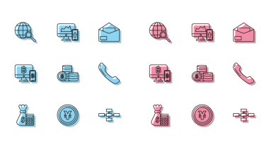 Set line Calculator with money bag Cryptocurrency coin Bitcoin Telephone handset Computer monitor mobile bitcoin and Financial the computer icon. Vector.