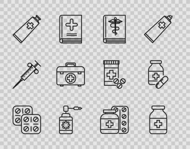 Set line Pills in blister pack Medicine bottle Medical book with nozzle spray Ointment cream tube medicine First aid kit and pills and icon. Vector.
