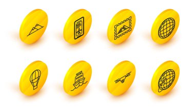 Set line Globe with flying plane Ship Hot air balloon Earth globe Postal stamp and Egypt pyramids Smartphone electronic boarding pass airline ticket and Mountains icon. Vector.