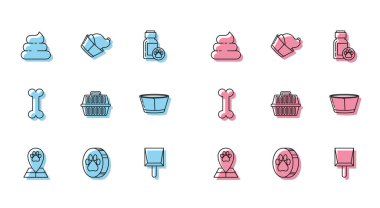 Set line Map pointer with veterinary medicine hospital Paw print Shit Dustpan Pet carry case Protective cone collar Dog bone and Veterinary clinic symbol icon. Vector.