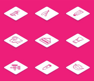 Set line Classic Barber shop pole Straight razor Cream lotion cosmetic tube Hair dryer Barbershop Shaving brush Crossed shaving and Electrical hair clipper shaver icon. Vector.