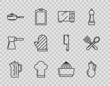 Set line Teapot Bottle of olive oil Microwave oven Chef hat Frying pan Oven glove Citrus fruit juicer and Crossed fork and spoon icon. Vector.