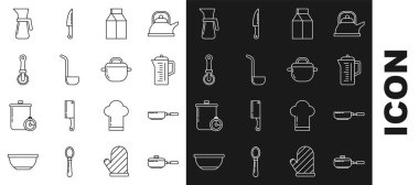 Set line Frying pan Teapot Paper package for milk Kitchen ladle Pizza knife Measuring cup and Cooking icon. Vector.