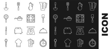 Set line Kitchen timer Covered with a tray of food Spatula Bottle olive oil Frying pan ladle and Gas stove icon. Vector.